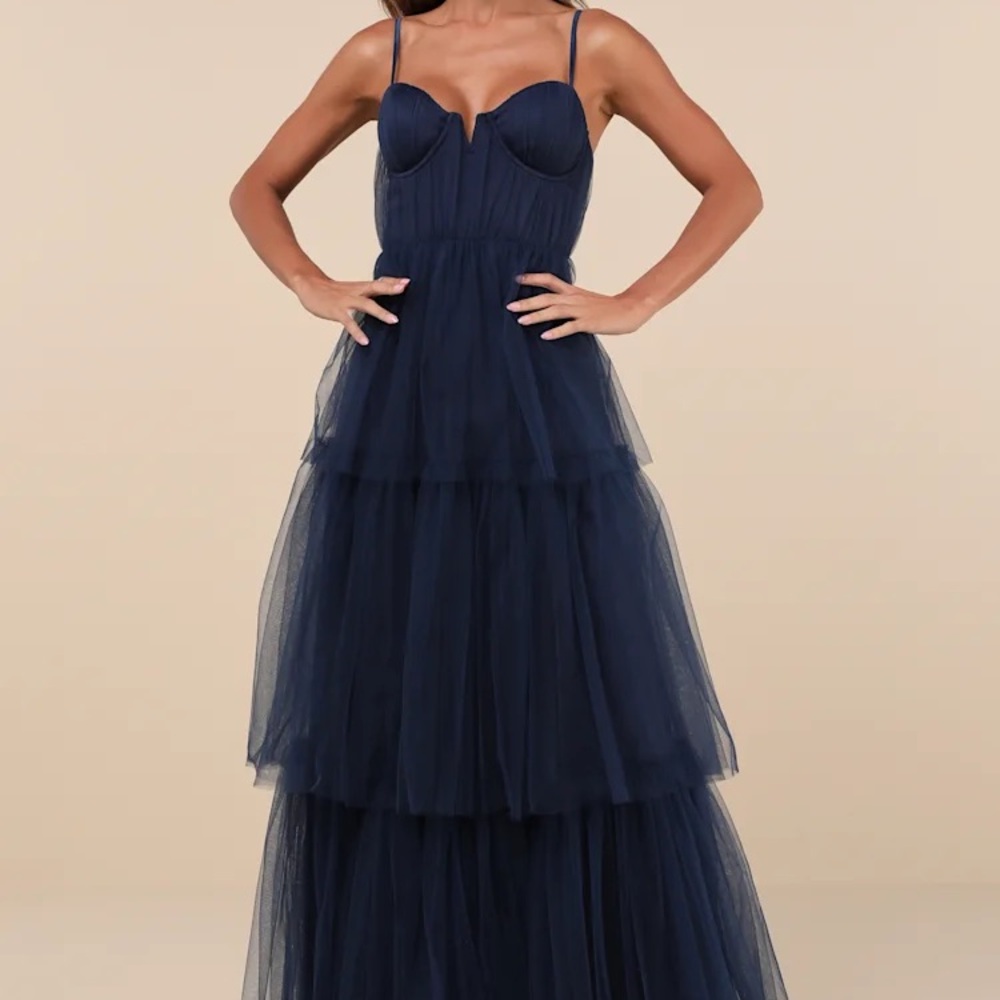 NWOT Lulu’s Unforgettable Poise Navy Tulle Bustier Tiered Maxi Dress - Size L